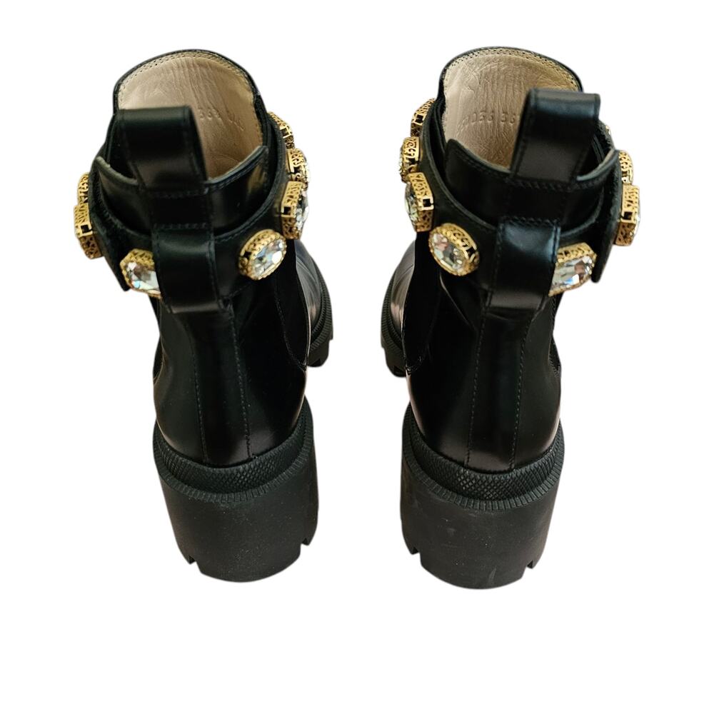 Gucci GG Trip Jewel Chunky Heel Chelsea Boot Size 36.5 US 6.5 Black Leather Gold - Picture 4 of 10